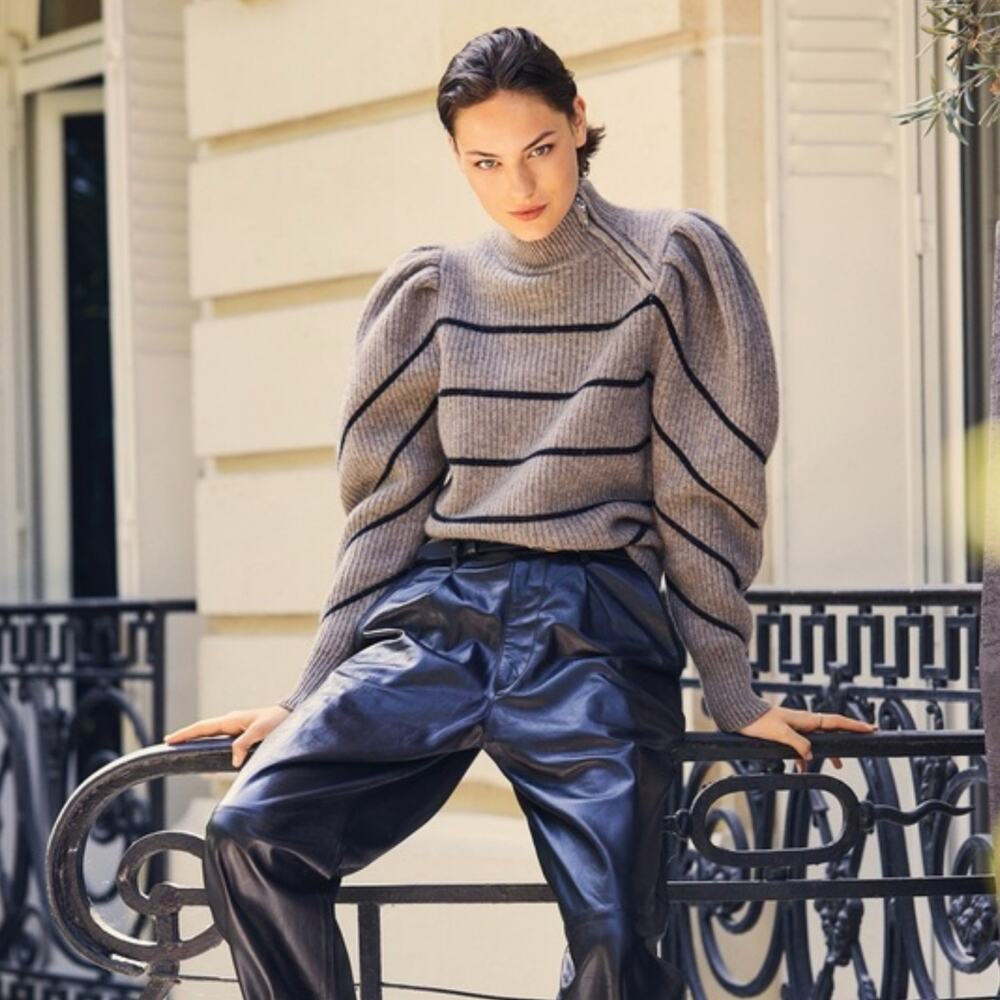 Ba&sh Yonoh Taupe Black Wool Yak Striped Sweater Mock Neck Puff Sleeve S